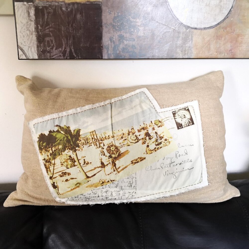 Pottery Barn Postcard Patch Lumbar Pillow 16"x26"